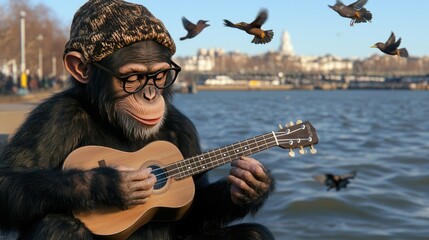 Obraz premium Chimpanzee playing ukulele by the waterfront while birds fly above in a lively urban setting during a sunny day