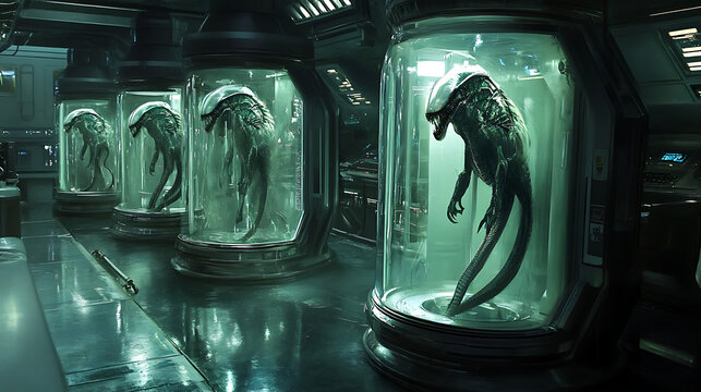 a secret laboratory containing alien creatures in glass tubes