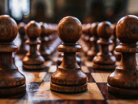 Wooden pawns arranged strategically on a chessboard in soft lighting