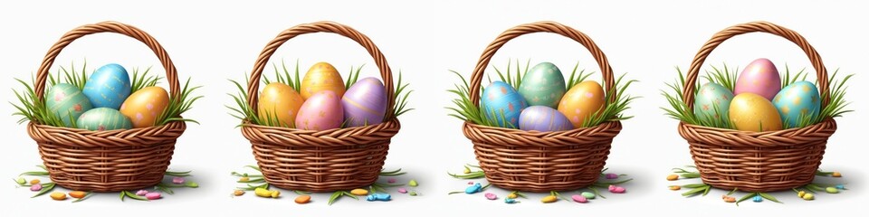 Festive Easter basket icon set. Collection of wicker baskets with colorful assorted eggs, grass, candy. Isolated on transparent background. Spring religious holiday decoration for graphic design