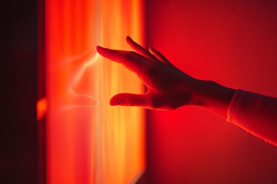 Persons hand reaching towards a bright red light in a dark environment