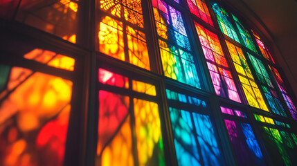 Colorful sunlight filters through stained glass, illuminating indoor space