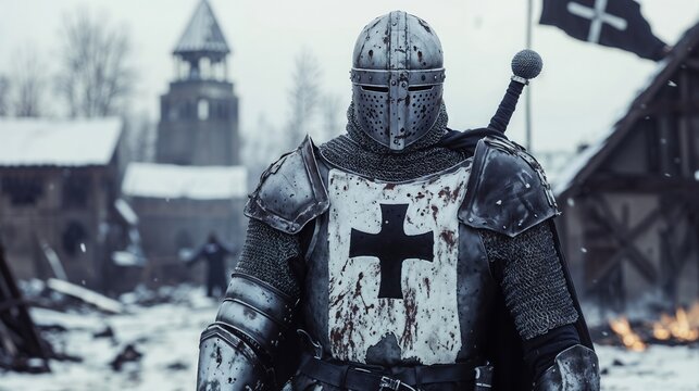 Teutonic knight in heavy armor standing in snowy battlefield with bloodstained surcoat, black cross banners, and burning village ruins