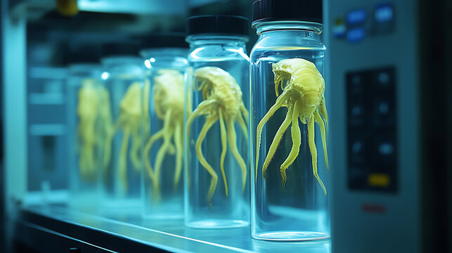 a secret laboratory containing alien creatures in glass tubes