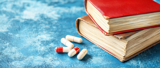 A stack of red-covered books rests on a blue surface, alongside several capsules, suggesting a theme of knowledge and health.
