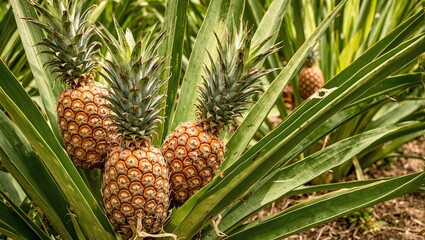 Fototapeta premium Ripe golden pineapples on lush green leaves in tropical plantation