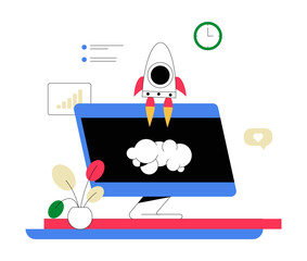 Rocket Launching From Computer Screen In Flat Vector Illustration Symbolizing Digital Business, Startup Success, And Online Growth, Isolated On White Background
