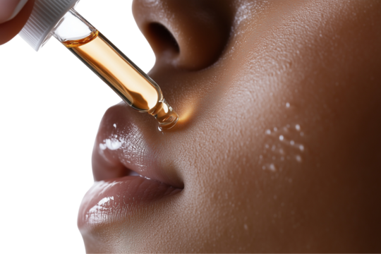  a woman with clean applying a serum on her face isolated on a transparent background