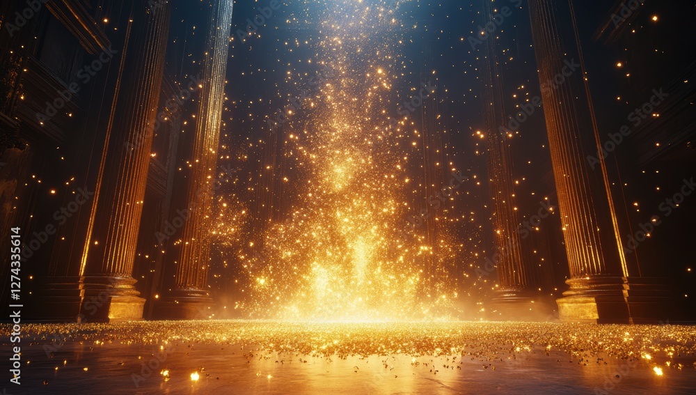 Poster Enchanting Golden Sparks Emanating from Floor in Dramatic Dark Setting Surrounded by Majestic Columns and Mysterious Atmosphere