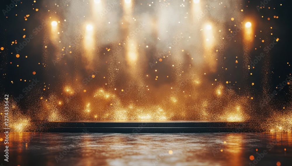 Poster enchanting stage backdrop with golden bokeh lights and shimmering dust particles creating a magical 