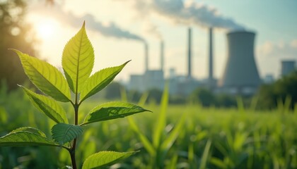 Green energy report photo with leaf sprout in foreground, factory smokestacks on background. Renewable energy solutions reduce greenhouse gas emissions, impact on climate, ensure environmental