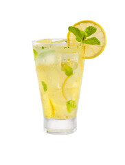 Mojito cocktail with lime and mint isolated on transparent background.