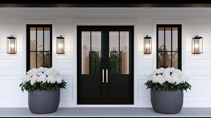 Fototapeta premium Elegant front entrance featuring double doors with black accents and blooming white flowers in large planters at sunset