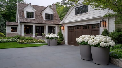 Charming suburban home with blooming hydrangeas and beautifully landscaped garden in the afternoon light