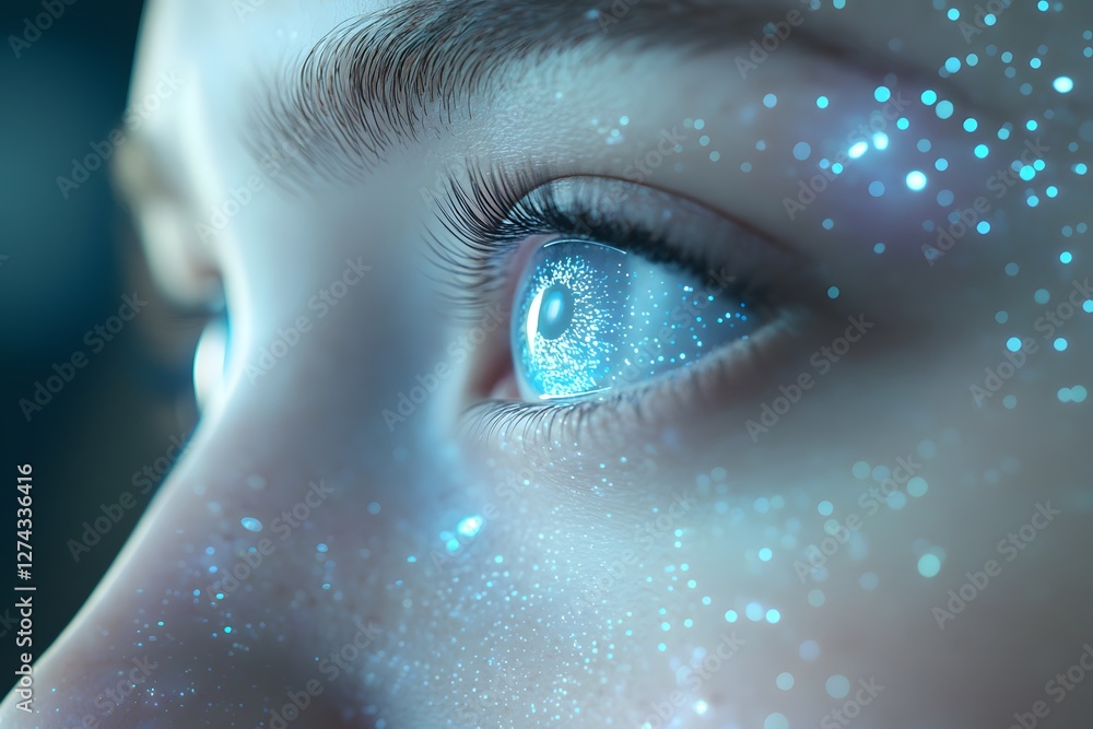 Poster gazing into the future: a close-up view of a captivating eye, illuminated by ethereal, glowing parti