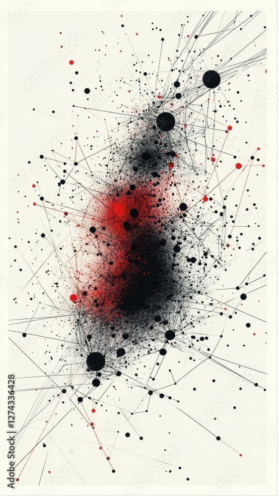 Poster abstract composition featuring a blend of black and red dots connected by fine lines on a light back