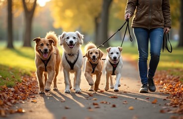 Woman walks four cute dogs different breeds on leash in autumn public park. Pets smile, enjoy outdoor bonding. Pro dog walker leads happy doggy group along path.
