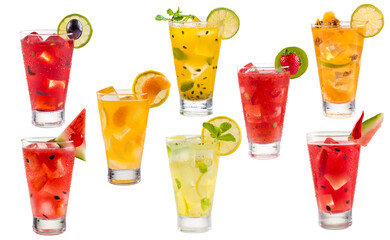 Variety of summer cocktails isolated on white background with clipping path.
