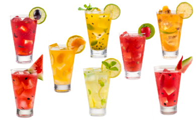 Variety of summer cocktails isolated on white background with clipping path.