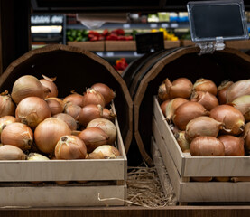 Boxes of onions in a store, selective focus. Choosing onions.