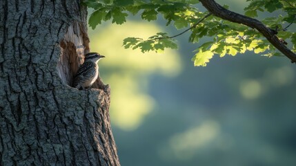 Small bird perched in tree hollow, sunlight filtering through leaves.