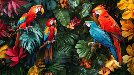 Fototapeta premium Colorful parrots perched among vibrant tropical foliage in a lush garden