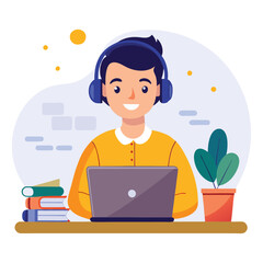 man in headphones, studying at laptop. Happy female student watching business webinar. Video conference call, remote work communication. Flat vector illustration isolated on white background