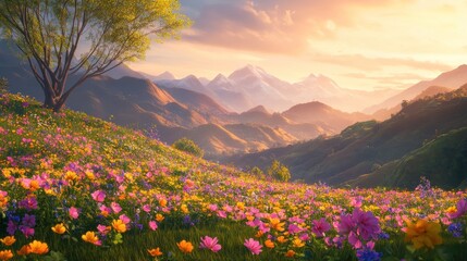 Obraz premium Mountain Meadow Sunset Vibrant Wildflower Bloom