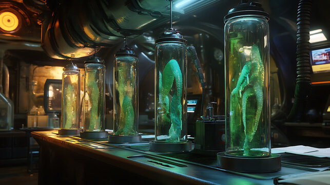 a secret laboratory containing alien creatures in glass tubes