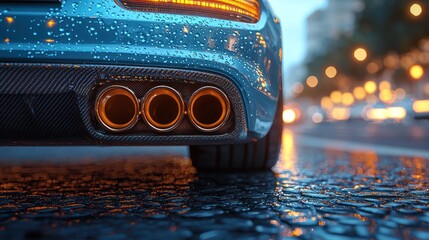 Close-up of a sleek blue sports car's exhaust tips glistening with raindrops on a city street at dusk