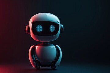 Robot with glowing eyes and red light in a dark environment