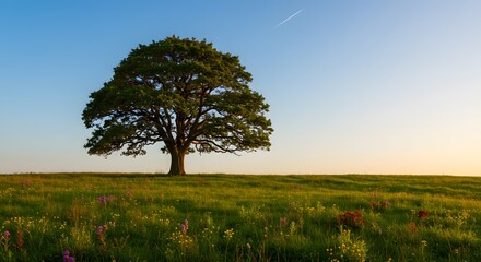 Solitary Tree Standing in a Field of Wildflowers at Sunset