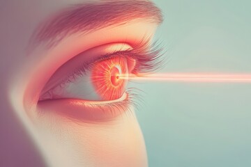 Close-up of a womans eye with a laser treatment in a clinical setting