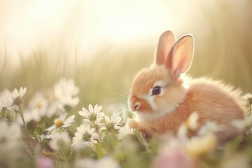Fototapeta premium A heartwarming photograph of a young rabbit nestled among a field of wildflowers. A rabbit sits amidst vibrant flowers in a sunlit field, enjoying the warmth of a bright, sunny day.