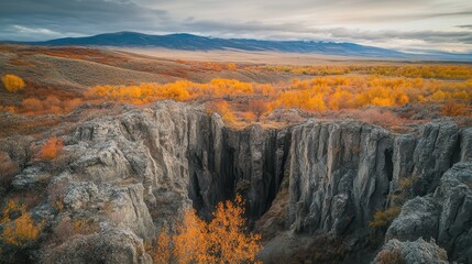Obraz premium Autumn landscape with rocky cliffs and vibrant orange foliage in a scenic mountainous area under a cloudy sky, ideal for nature photography.