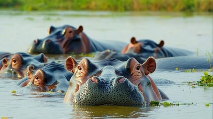 Fototapeta premium Group of hippopotamus bathing in pond. Herd of hippos in a swamp. hippo in the water .