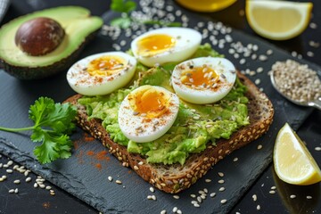 Avocado toast with eggs on slate board. Neural network AI generated