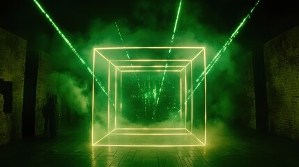 Glowing green cube with laser beams in dark smoky room.