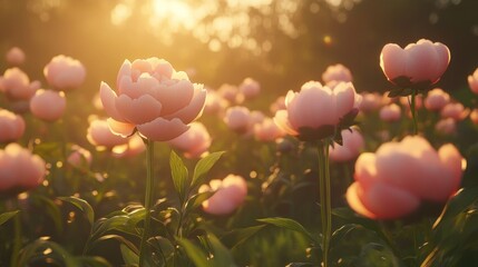 Sunset illuminates a field of light pink peonies.
