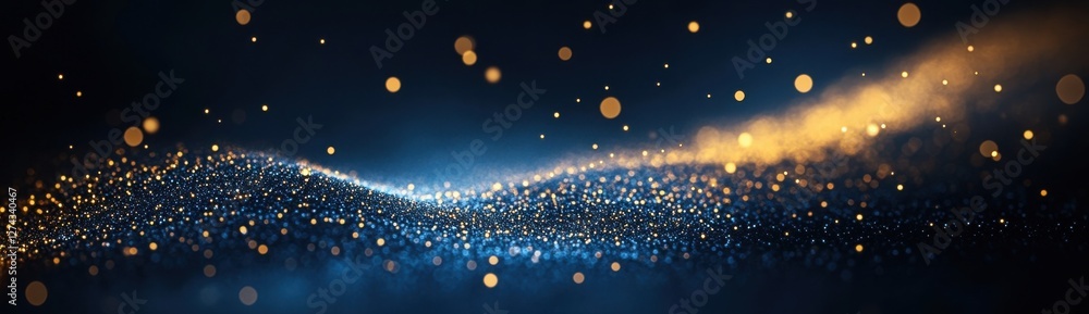 Poster glimmering particles with soft blue and gold highlights in an ethereal blurred background creating a