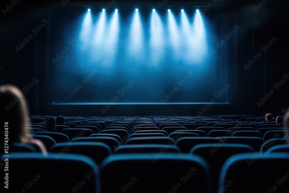 Poster an empty theatre with its chairs is illuminated with a row of spotlights overhead the stage