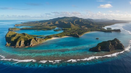 A breathtaking view of a lush tropical island surrounded by vibrant blue waters and pristine coral reefs, showcasing its unique geographical features under a clear sunny sky, perfect for nature lovers