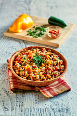 Texas caviar with black eyed peas, bell pepper, tomato, jalapenos, and lime juice
