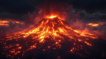 Dramatic volcanic eruption in a minimalist high contrast composition with the dark silhouette of the erupting volcano against a glowing fiery lava backdrop