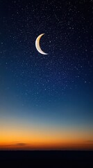 Naklejka premium Crescent Moon Shines Brightly in the Starry Night Sky Above a Calm Horizon During a Golden Sunset Hour