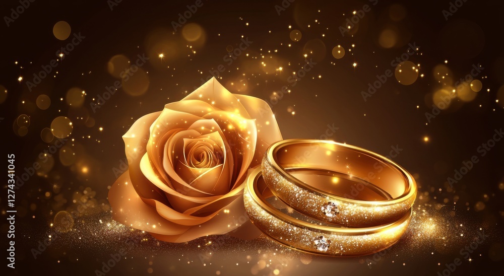 Poster a pair of golden wedding rings with sparkling diamonds, resting on an elegant rose in the center of 
