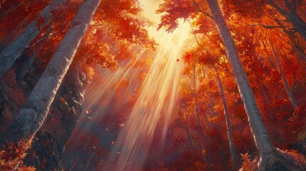 Sunlight streams through vibrant red autumn leaves in a forest.