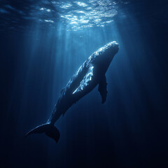 A whale swimming through dark, deep ocean waters, with only faint light from above illuminating its massive body