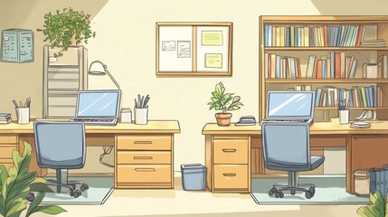 Sunny office, two desks, bookshelves, plants, work