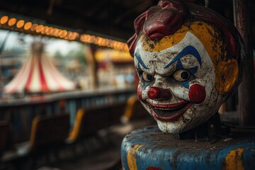 A haunted carnival with abandoned rides and creepy clowns . A colorful clown statue poses in front of a vibrant ferris wheel, creating a whimsical carnival atmosphere.